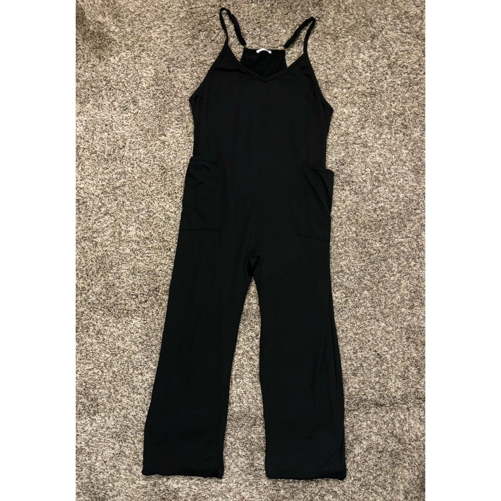 Ekouaer Jumpsuit Black Relaxed Fit Wide Leg One Piece V Neck Women’s Large